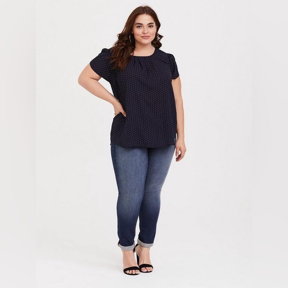 Torrid Navy Dots Pleated Blouse - Picture 2 of 8